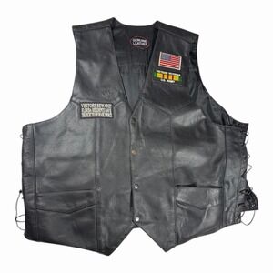 Genuine Leather Vest Size 56 Motorcycle Biker With Flag, Veteran Army Patches